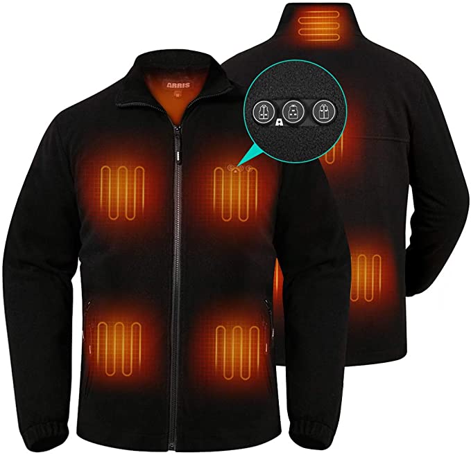 Men`s Heated Fleece Jacket with Battery, Electric Heating Coat Full Zip w/ 8 Heating Areas and Phone Charging Function