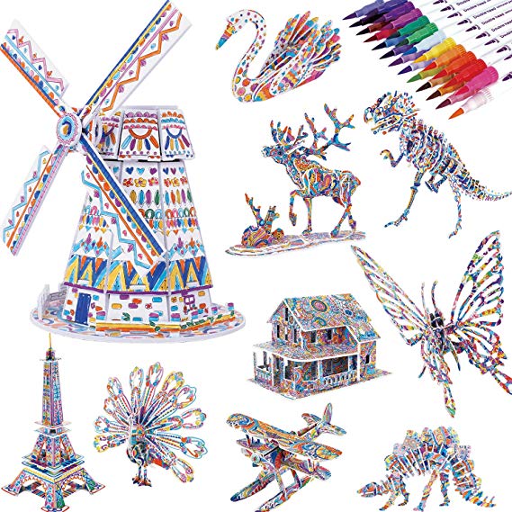 3D Coloring Puzzle Set, 10-Pack Puzzles with 24 Markers, Arts and Crafts for Girls and Boys Age 6 7 8 9 10 11 12 Year Old, Art Painting Crafts Kit with Supplies Best Toys Gifts for Kids