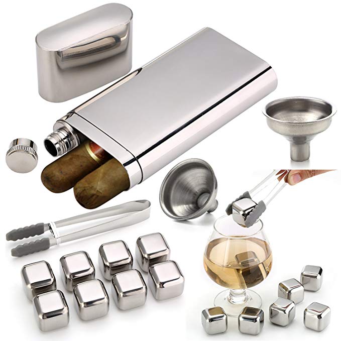 Stainless Steel Chilling Rocks / Stones (8)   Dual Cigar Flask (1) [Gift Set]   Funnel (1)   Tongs (1) [FDA Approved]