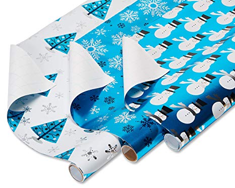 American Greetings Foil Christmas Wrapping Paper Bundle with Gridlines, 3 Rolls; Snowmen, Snowflakes, and Trees, 90 Total sq. ft.