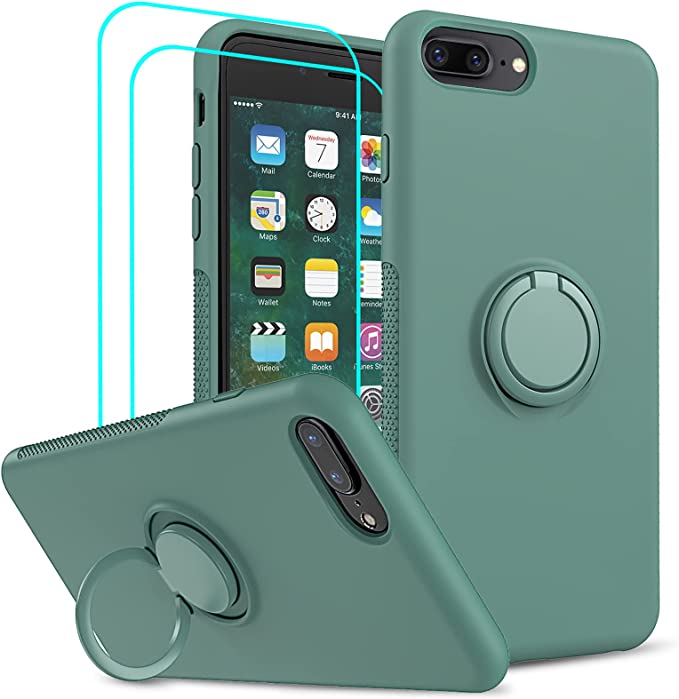 LeYi Compatible with iPhone 8 Plus Case, iPhone 7 Plus Case, iPhone 6s Plus Liquid Silicone Gel Rubber Case with 2 PCS Glass Screen Protector, Soft Shockproof Phone Cover for iPhone 6 Plus, Green