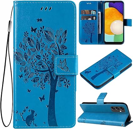for Samsung Galaxy A14 5G Case,Galaxy A14 5G Wallet Case,PU Leather Protective Case Emboss Love Tree Cat Folio Magnetic Card Slots Holder Kickstand Flip Case for Samsung Galaxy A14 5G Blue