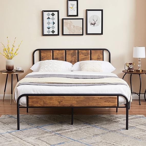 VECELO Full Size Platform Bed Frame with Wooden Headboard,Sturdy Steel Slats Support/Matress Foudation/No Box Spring Needed(Brown)