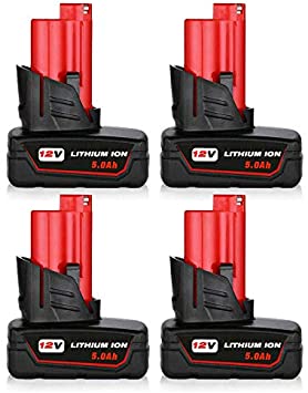 4Pack 12V 5.0Ah M-12 Lithium Replacement for Milwaukee 12Volt Battery 48-11-2411 48-11-2410 48-11-2440 48-11-2401 48-11-2402