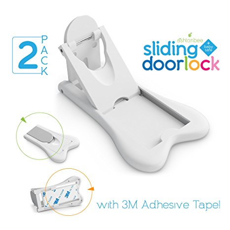 Sliding Door Lock for Child Safety - Baby Proof Doors & Closets. Childproof your Home with No Screws or Drills by Ashtonbee (Set of 2, White)