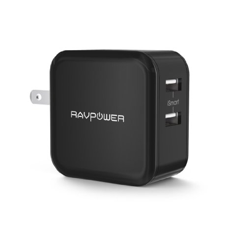 RAVPower 24W 48A Dual USB Wall Charger with iSmart Technology Foldable Plug LED indicator for iPhone iPad Samsung Nexus and More - Black