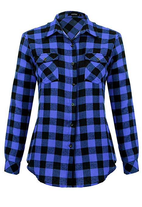 Womens Casual Button Down Plaid Shirts Roll up Long Sleeve Loose Blouse Tops with Front Pockets