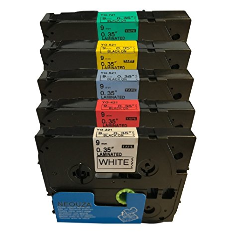 NEOUZA 5PK Compatible For Brother P-Touch Laminated Tze Tz Label Tape Cartridge 9mm x 8m (Set of Black Print on 5 Colors)