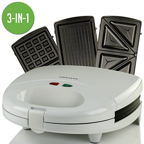 Ovente 3-in-1 Electric Sandwich Maker with Detachable Non-Stick Waffle and Grill Plates, 750-Watts, LED Indicator Lights, Cool Touch Handle, Anti-Skid Feet, White (GPI202W)