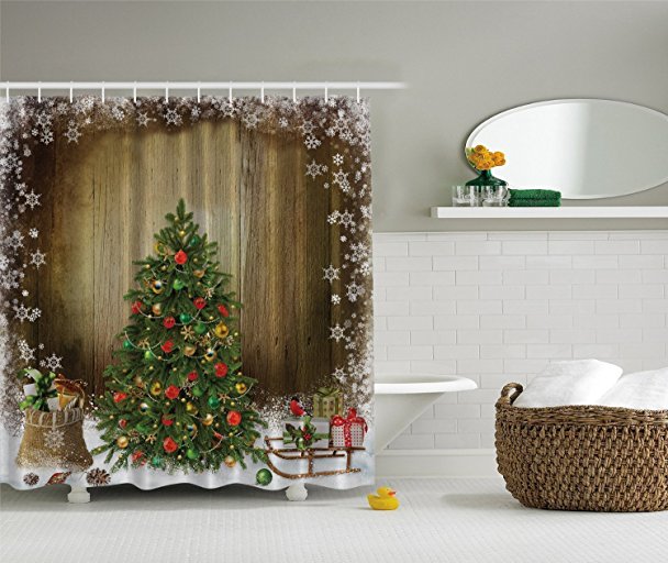 Christmas Tree with Holiday Presents Vintage Style Fabric Shower Curtain Brown Green Red