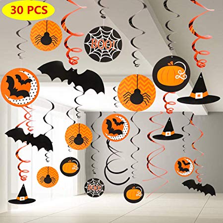 30 Pieces Halloween Hanging Swirl Party Decorations,Witches and Bats Ceiling Hanging Party Favor Indoor Decoration for Kids