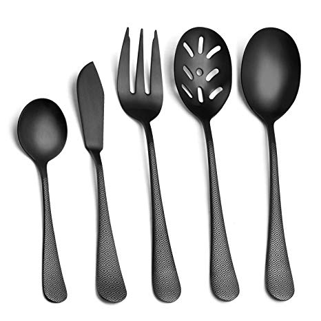 Matte Black Serving Set, sharecook 5-Piece 18/0 Stainless Steel Large Hostess Set with Round Edge, Satin Finished, Dishwasher Safe -Spoons, Forks,Butter Knife& Slotted Spoon