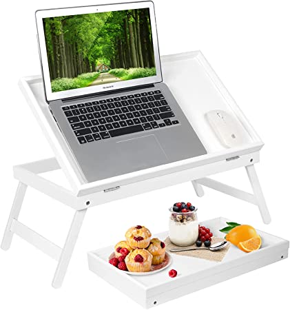 Bed Table Breakfast Tray with Folding Legs Kitchen Serving Tray for Bed Platters TV Table Desk Snack Tray (White)