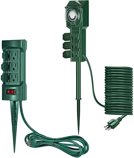 BESTTEN Outdoor Extension Cord Combo, 12-Foot Ultra Long Extension Cord Yard Stake with 24-Hour Timer and Double Sided 6-Outlet Yard Power Stake, ETL Certified, Green
