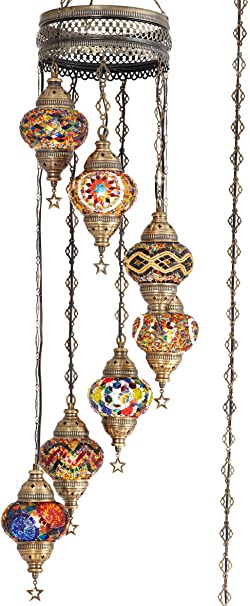 (10 Colors) 7 Globes Swag Plug in Turkish Moroccan Mosaic Bohemian Tiffany Ceiling Hanging Pendant Light Lamp Chandelier Lighting with 15feet Cord Chain US Plug, 50" Height (Multicolor2)