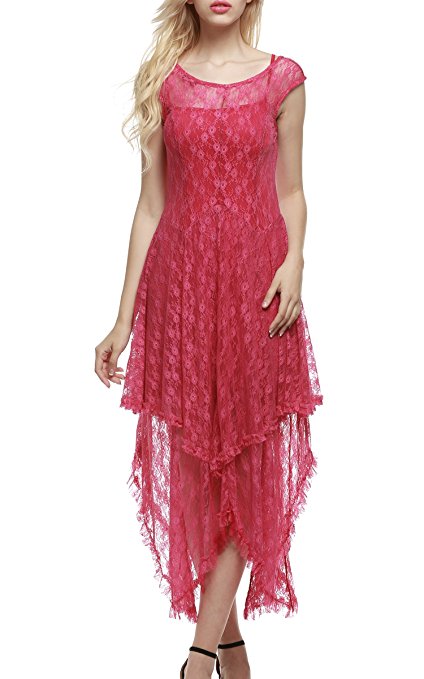 ACEVOG Women's Sexy Sleeveless Floral Lace Tiered Long Irregular Party Dress