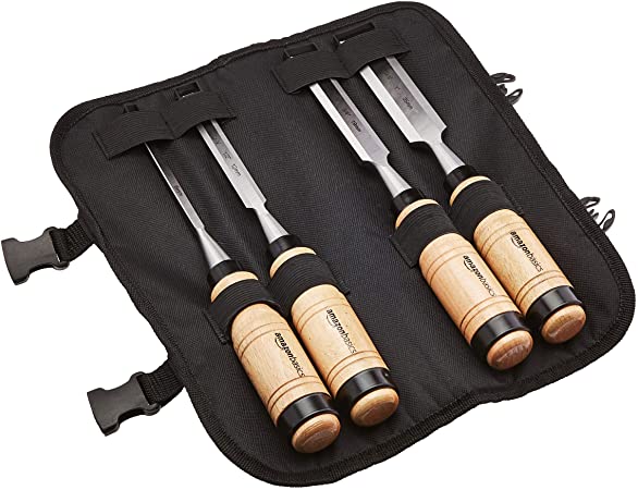 AmazonBasics 4-Piece Wood Chisel Set - 1/4-Inch (6 mm) to 1-Inch (25 mm), Wooden Handle