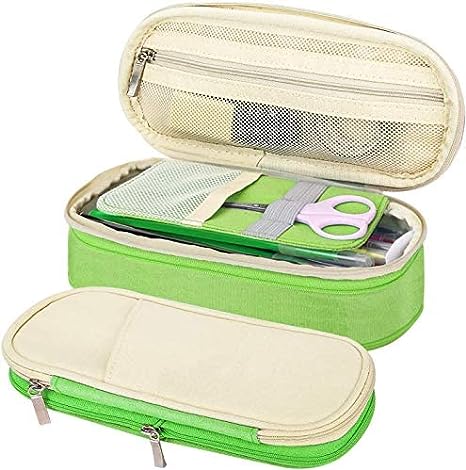 MoKo Big Capacity Pencil Pen Case, Large Capacity Storage Bag Pouch Box Makeup Pen Bag Cosmetic Bag Stationery Organizer Storage with Zippers for Office/School Supplies - Beige & Green