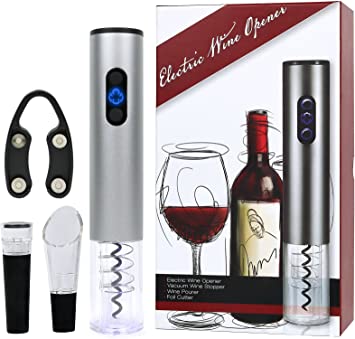 Galashield Electric Wine Opener Bottle Corkscrew Opener Gift Set with Foil Cutter, Wine Pourer and Vacuum Wine Stopper (Stainless Steel)