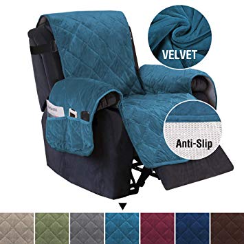 H.VERSAILTEX Slip Resistant Velvet Recliner Slipcover for Recliner, 2" Adjustable Straps Quilted Furniture Protector with Side Pockets, Thick and Soft Quilted Seam Recliner Protector (Peacock Blue)