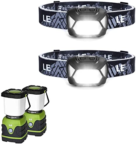 Bundle – 2 Items: Battery Powered Camping Lantern & LED Headlamp Flashlight, Water Resistant, Adjustable Brightness for Camping, Running, Hurricane Emergency and More