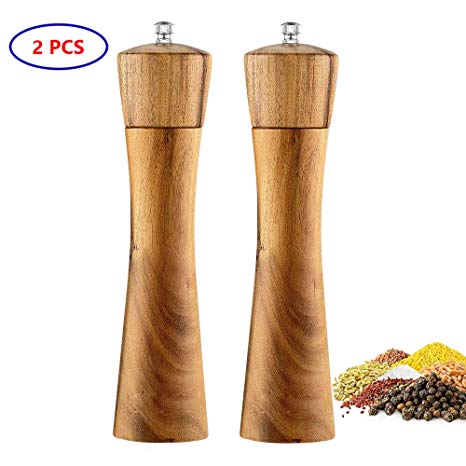 Wooden Salt and Pepper Grinder, Adjustable Manual Salt Grinder, Acacia Wood, 8.5 inch, Pepper Mill with Ceramic Core, Suitable for Picnic, Parties, Restaurant, Dinner, BBQ (2 PCS)