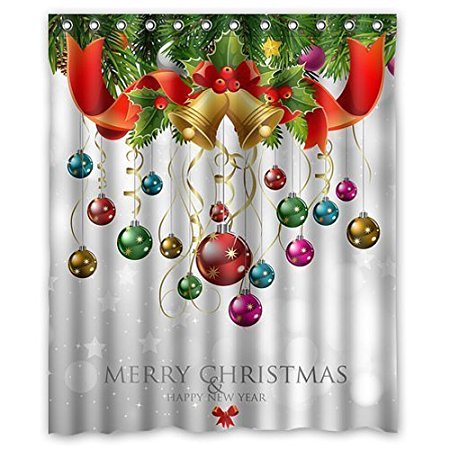 Custom Xmas Merry Christmas Happy New Year Waterproof Polyester Fabric 60(w) x 72(h) Shower Curtain and Hooks