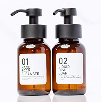 Hand and Dish Soap Dispenser Set for Kitchen - (Set of 2) 8oz Amber Glass Bottles with Matte Black Stainless Steel Pumps. Apothecary and Modern Design - Includes Labels (Non-Foaming Pumps)