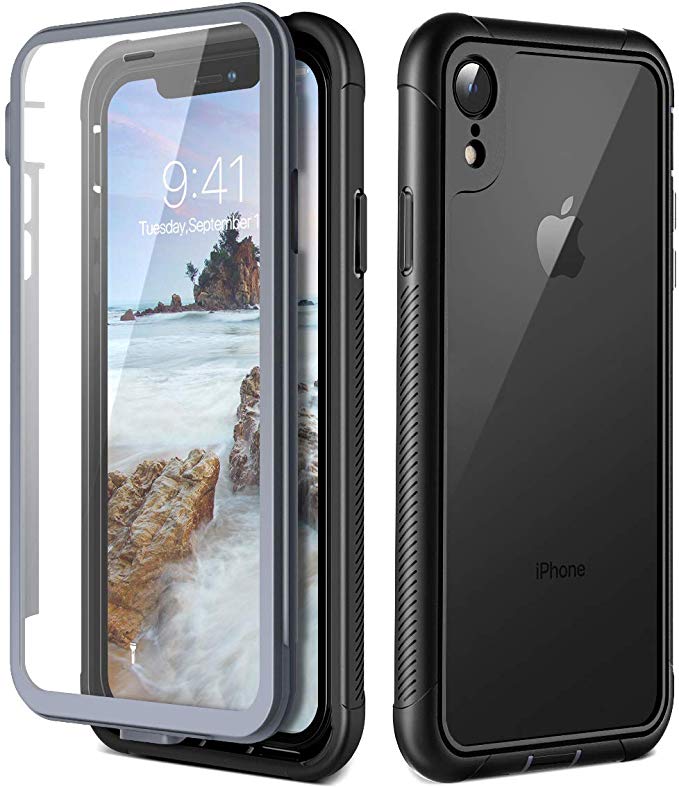 Prologfer iPhone XR Case 360 Degree Protection Built-in Screen Protector Cover Shockproof Dust-Proof Shell Slim Fit Rugged Clear Bumper Defender Armor Case for Apple iPhone XR