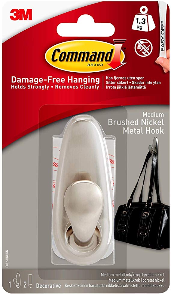 Command 3 lb Capacity Metal Hook, 1 hook, 2 strips, Indoor Use, Medium, Brushed Nickel (FC12-BN-ES)