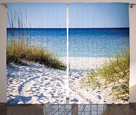 Ambesonne Seaside Decor Collection, Path to the Beach Clear Sky Bushes Grasses Windy Sunny Day Peaceful Gulf of Mexico Picture, Living Room Bedroom Curtain 2 Panels Set, 108 X 84 Inches, Navy Blue