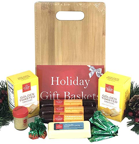 Hickory Farms Gift Basket and Bamboo Cutting Board Gift Set - Ultimate Christmas Edition with Beef Summer Sausage, Cheese, Mustard, Crackers, Strawberry Bon Bons and BONUS Andes Mints