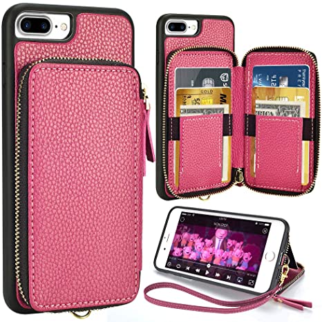 iPhone 8 Plus 7 Plus Wallet Case,5.5 inch,ZVE iPhone 8 Plus Zipper Wallet Case with Credit Card Holder Slot Handbag Purse Wrist Strap Case for Apple iPhone 7 Plus 8 Plus 5.5 inch -Rose Purple