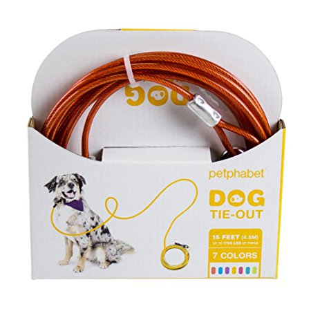 Petphabet Heavy Duty Tie Out Cable for Dogs up to 50 Pounds or 100 Pounds, Available in 15 or 20 Feet Long and in 7 Colors