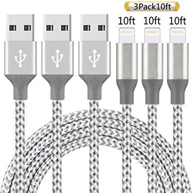 iPhone Charger,Mfi Certified Lightning Cable 3pack 10FT to USB Syncing Data and Nylon Braided Cord Charger for iPhone 11 Pro/XS/Max/XR/X/8/6Plus/6S/7Plus/7/8Plus/SE/iPad and More-GrayWhite