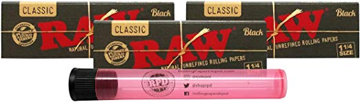 RAW Black Natural Unrefined 1 1/4 Rolling Papers (3 Packs) with Rolling Paper Depot Doob Tube