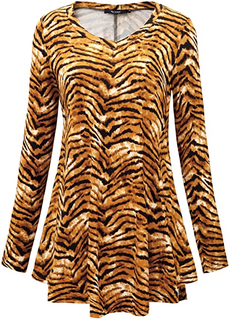 DUYOHC Women's Casual V Neck Long Sleeve Animal Print Loose Flared Tunic Tops