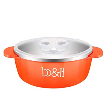 B&H Baby Stainless Steel Bowl Feeding Bowl Non-Slip Base for Toddler Infants with Handles and Lids,12 oz,BPA Free (2# Orange)