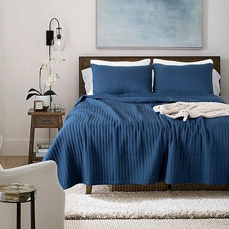 KASENTEX Quilt Mini Set-Stone Washed-Super Soft Bedspread-Light Weight-White Down Alternative Microfiber Fill-Machine Washable-Solid Colors, Full/Queen  2 Shams, Dress Dark Blue