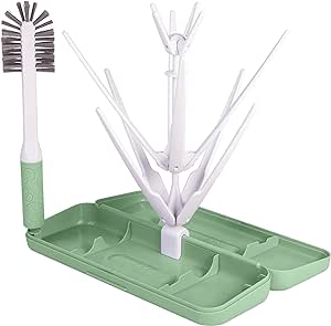 Ubbi On-The-Go Drying Rack and Brush Set, Includes Travel Case and Bottle Brush for Compact Storage, Holds Up to 8 Bottles, Baby Travel Accessories, Sage