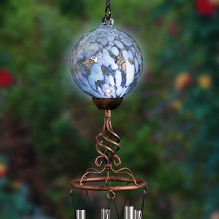 Exhart Solar Turquoise Honeycomb Pearlized Glass Ball Wind Chimes - Honeycomb Ball Metal Wind Chimes w/LED Outdoor Lights – Honeycomb Glass Globe Bronze Finial 4.9" L x 4.9" W x 46.2" H
