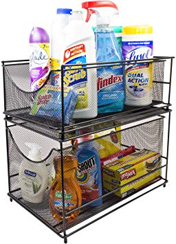 Sorbus Cabinet Organizer Set — Mesh Storage Organizer with Pull Out Drawers—Ideal for Countertop, Cabinet, Pantry, Under The Sink, Desktop and More (Black Two-Piece Set)