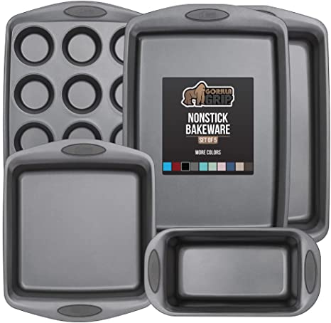 Gorilla Grip Bakeware Sets, Nonstick, Heavy Duty Carbon Steel, 5 Piece Kitchen Baking Set, Silicone Handles, Large Cookie Sheet, Oven Roaster Pan, Square Baking Pan, Loaf Pan, 12 Cup Muffin Pan, Gray