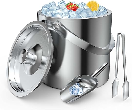FiveHome Ice Bucket 3L with Lid,Tongs and Scoop,Small Double Wall Insulated Stainless Steel Ice Bucket Champagne Bucket for Cocktail Bar and Parties