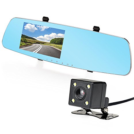 Nexgadget 5.0" FHD 1080P Dual Lens Car Camera, Rear View Mirror Dash Camcorder,Car Driving Recorder with 170 Degree Wide Viewing Angle,Car Charger with One USB Port