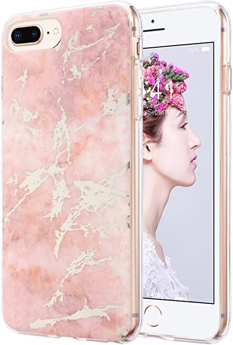 ULAK iPhone 8 Plus Case, iPhone 7 Plus Case, Marble Pattern Design with Shockproof Clear Bumper Slim Fit Anti-Scratch Protective Phone Case for iPhone 7 Plus/8 Plus 5.5 inch, Rose Gold