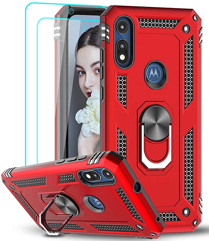 Moto E Phone Case (2020) with [2 Pack] Tempered Glass Screen Protector, LeYi Military-Grade Protective Phone Case with Magnetic Ring Kickstand for Motorola Moto E 2020, Red