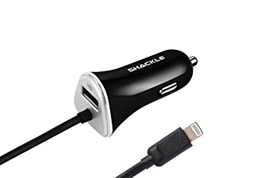 iPhone Car Charger, Shackle High Speed Travel Adapter with Extra Long Built-in Lightning Connector for iPhone 7 6S Plus 7 Plus 6 Se 5S 5 5C iPad Pro Air Mini 2 3 4 and Extra USB Port for Android