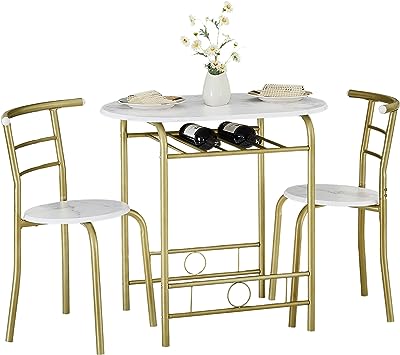 VECELO 3 Piece Small Round Dining Table Set for Kitchen Breakfast Nook, Wood Grain Tabletop with Wine Storage Rack, Save Space, 31.5", White & Gold