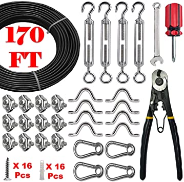 MTS String Light Hanging Kit Global Outdoor & Indoor String Lights Suspension Kit Include Strong 170 FT Black Vinyl- Coated Stainless Steel Cable, Heavy Duty Wire Cutter & Turnbuckle. Easy To Install.